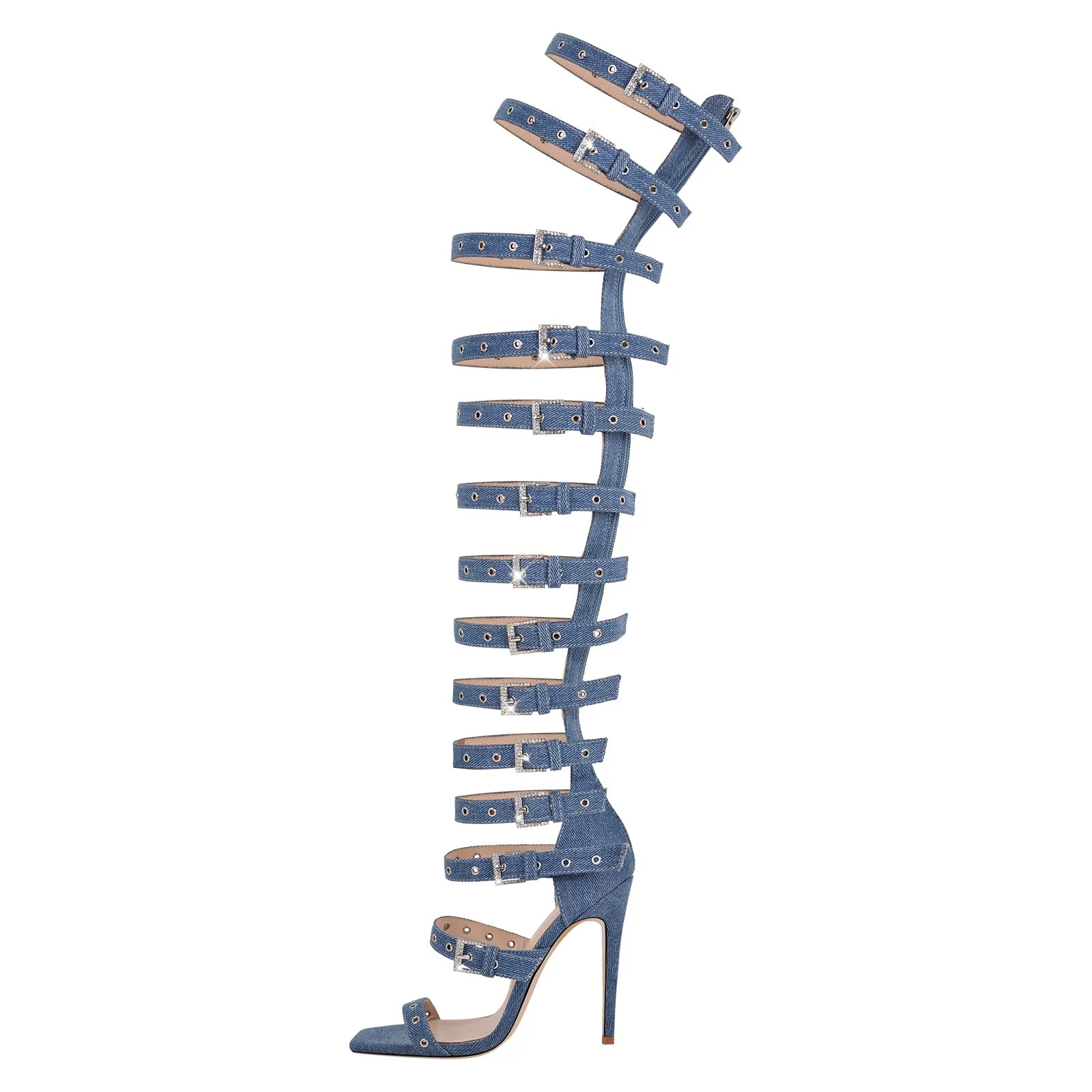 Denim Stiletto Sandals with Buckle Strap for Thigh and Hollow Design