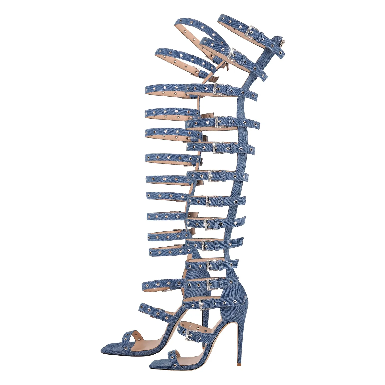 Denim Stiletto Sandals with Buckle Strap for Thigh and Hollow Design