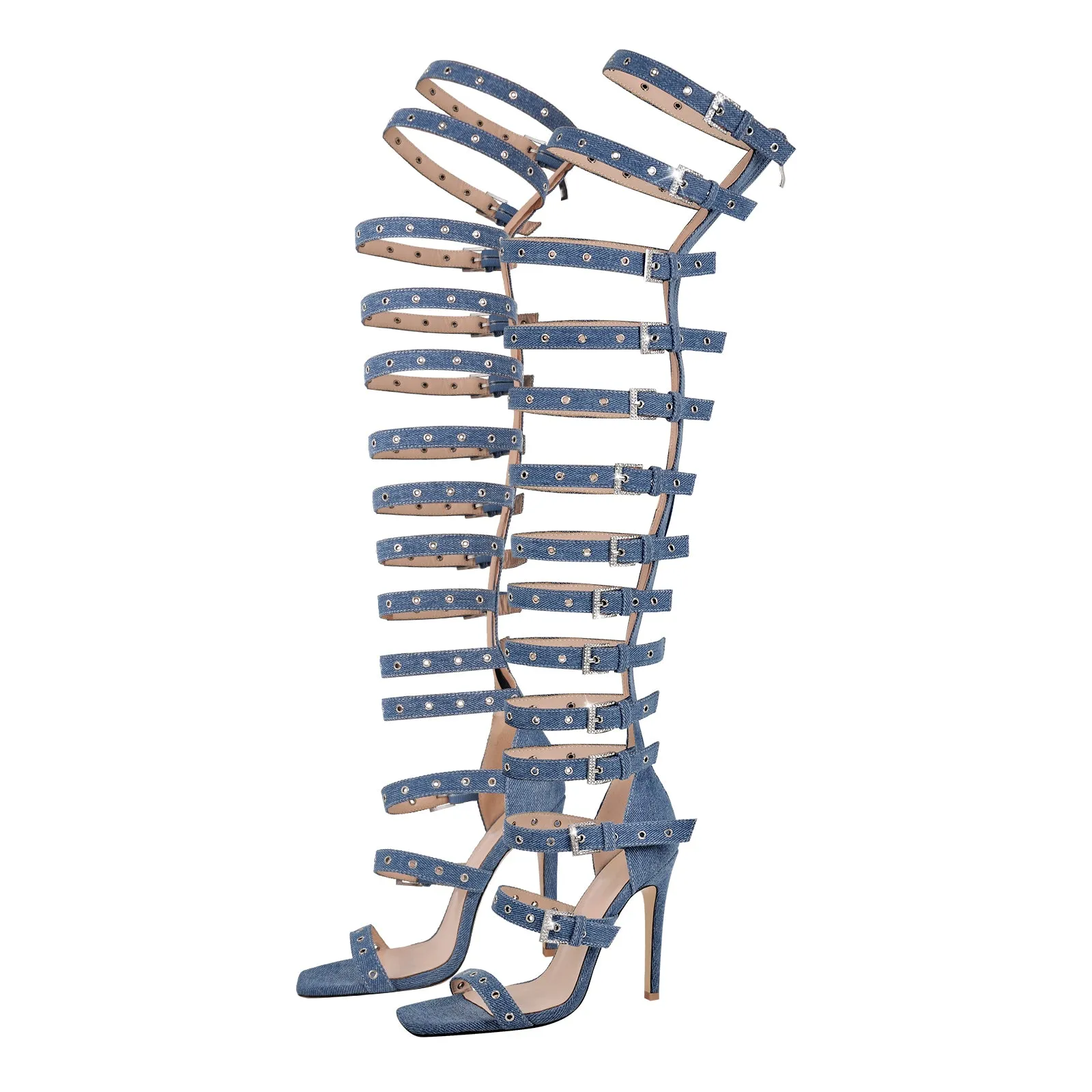 Denim Stiletto Sandals with Buckle Strap for Thigh and Hollow Design