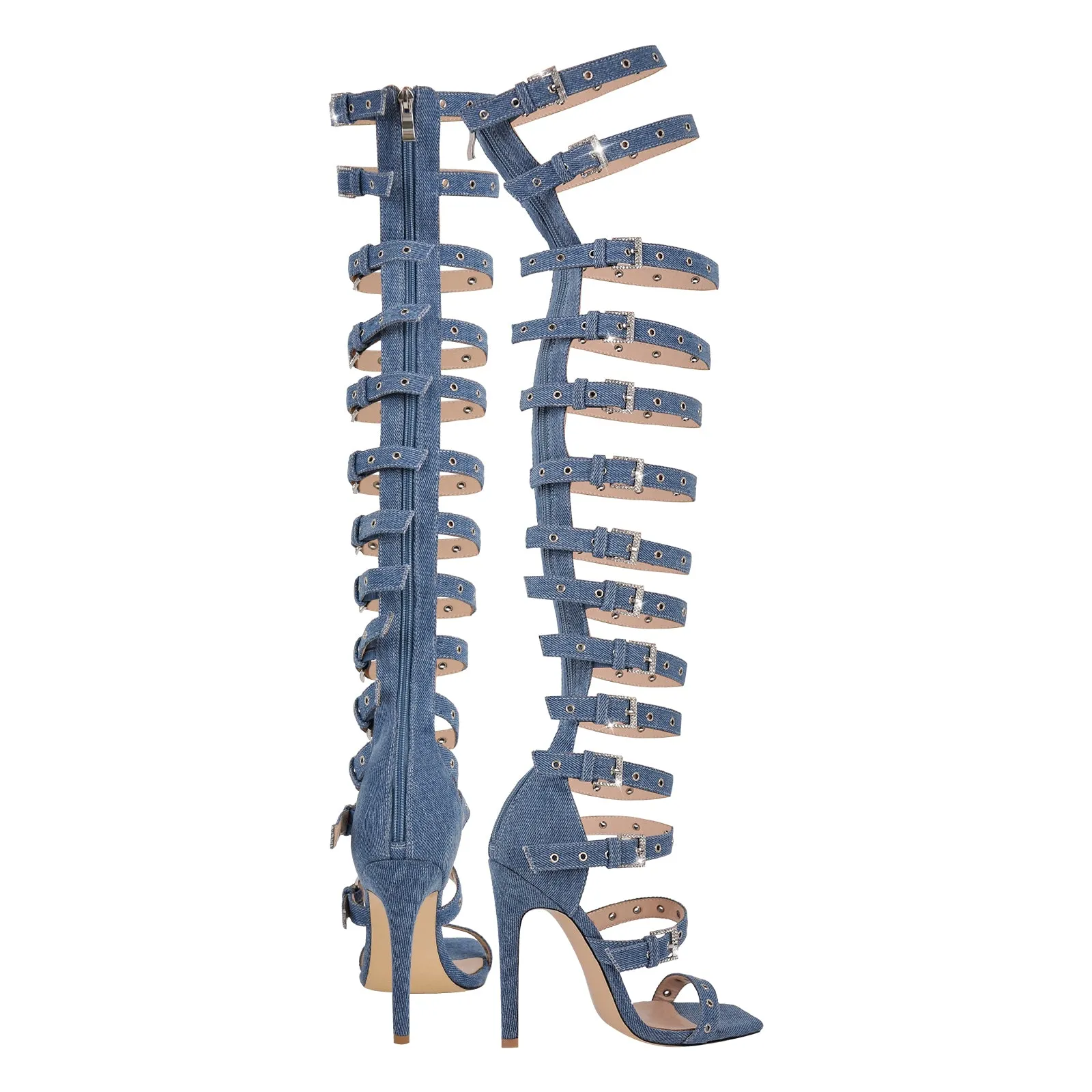 Denim Stiletto Sandals with Buckle Strap for Thigh and Hollow Design