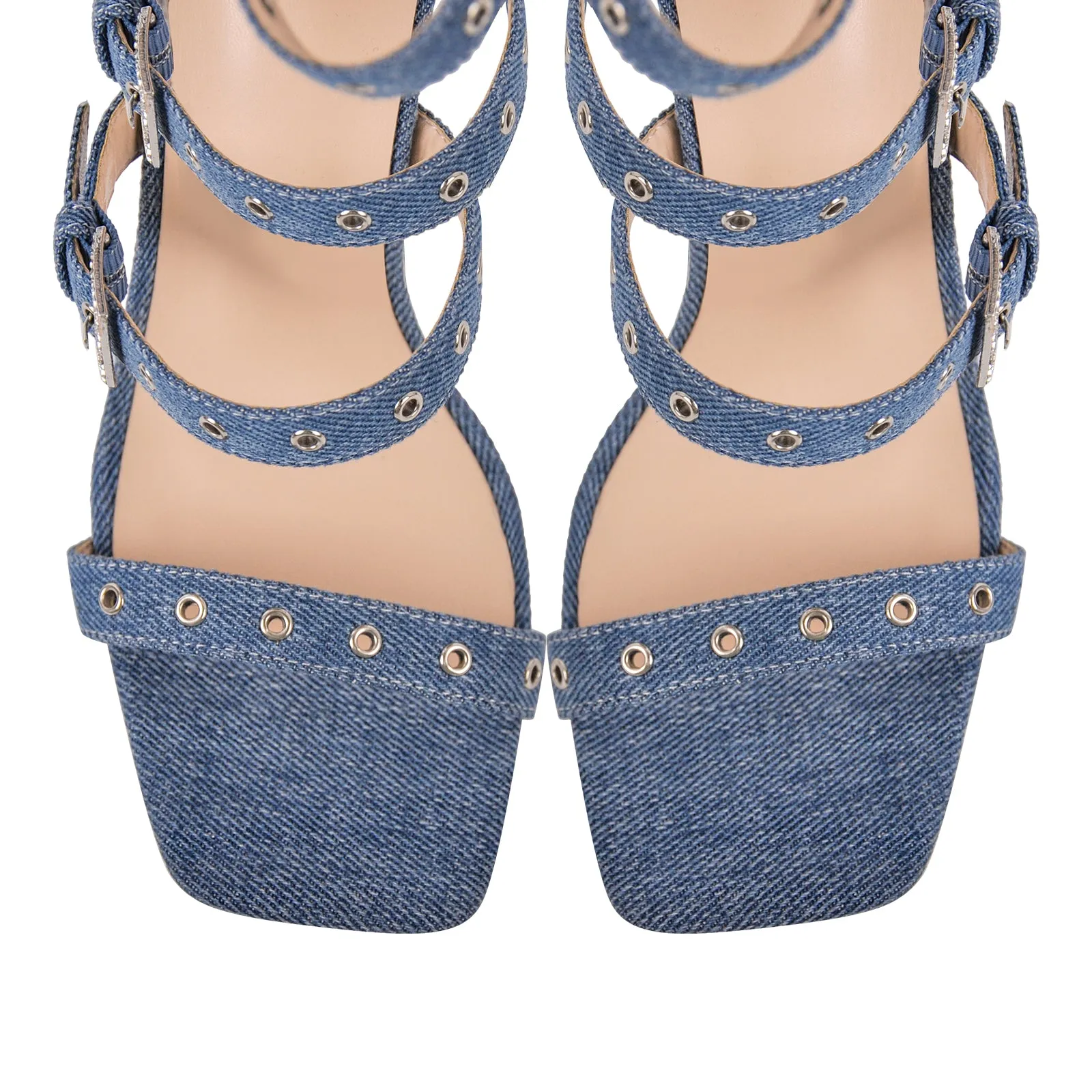 Denim Stiletto Sandals with Buckle Strap for Thigh and Hollow Design