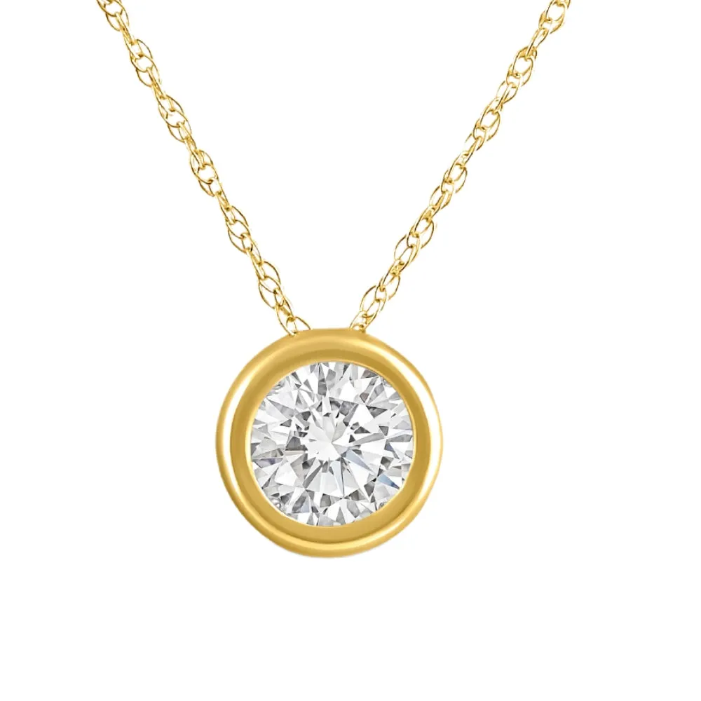 Diamond Bezel Pendant Necklace, 0.90Ct, 14k Yellow Gold, Lab Grown.