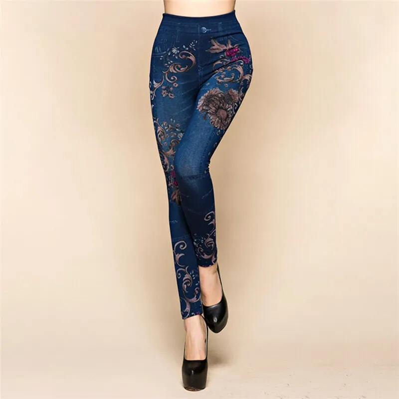 Floral Printed High Waist Leggings - Women's Slim Cotton Jeggings