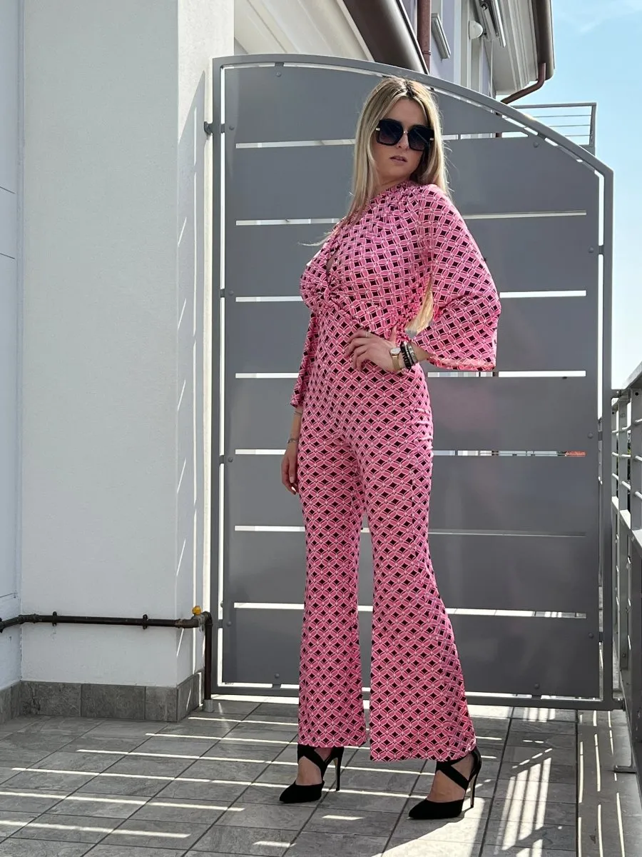 Fuchsia patterned jumpsuit.