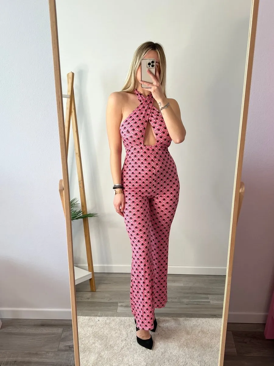 Fuchsia patterned jumpsuit.