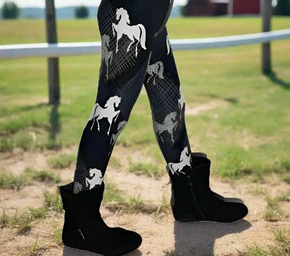 Girls Black Horse Leggings, Kids Yoga Pants, Sizes S/L, Non-Roll Waist, Black/White