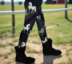 Girls Black Horse Leggings, Kids Yoga Pants, Sizes S/L, Non-Roll Waist, Black/White