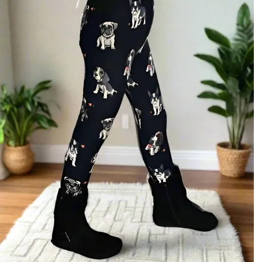 Girls Dog Leggings, Yoga Pants for Kids, Sizes S/L, No-Roll Waistband, Black/White