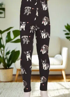 Girls Dog Leggings, Yoga Pants for Kids, Sizes S/L, No-Roll Waistband, Black/White