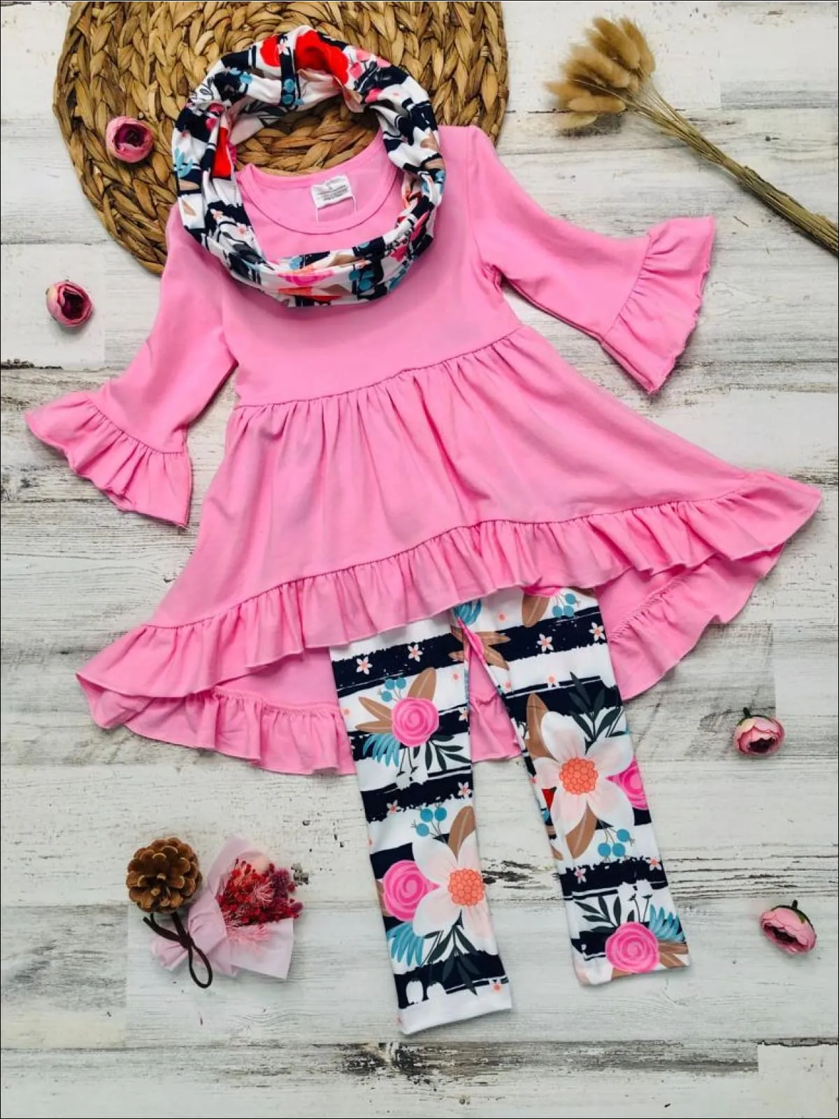 Girls Pink Ruffled Hi-Lo Tunic Set with Striped Floral Leggings and Scarf