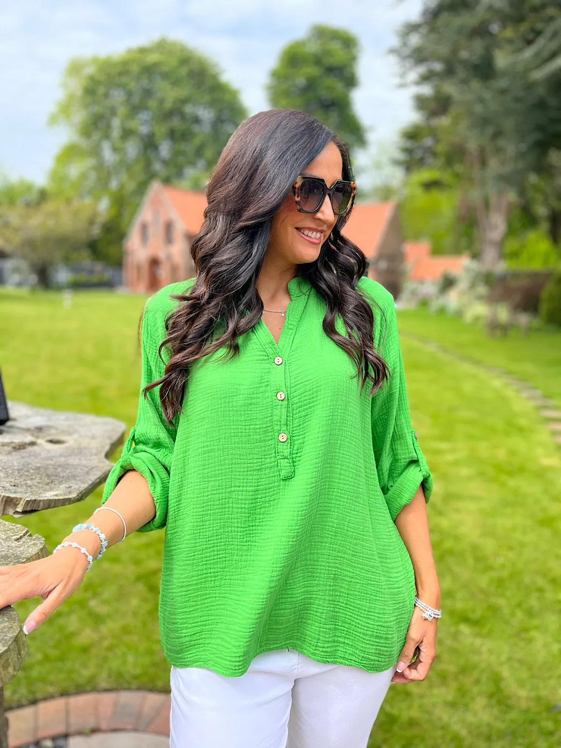 Green Bubble Cotton Lightweight Blouse Dinah - Buy Now