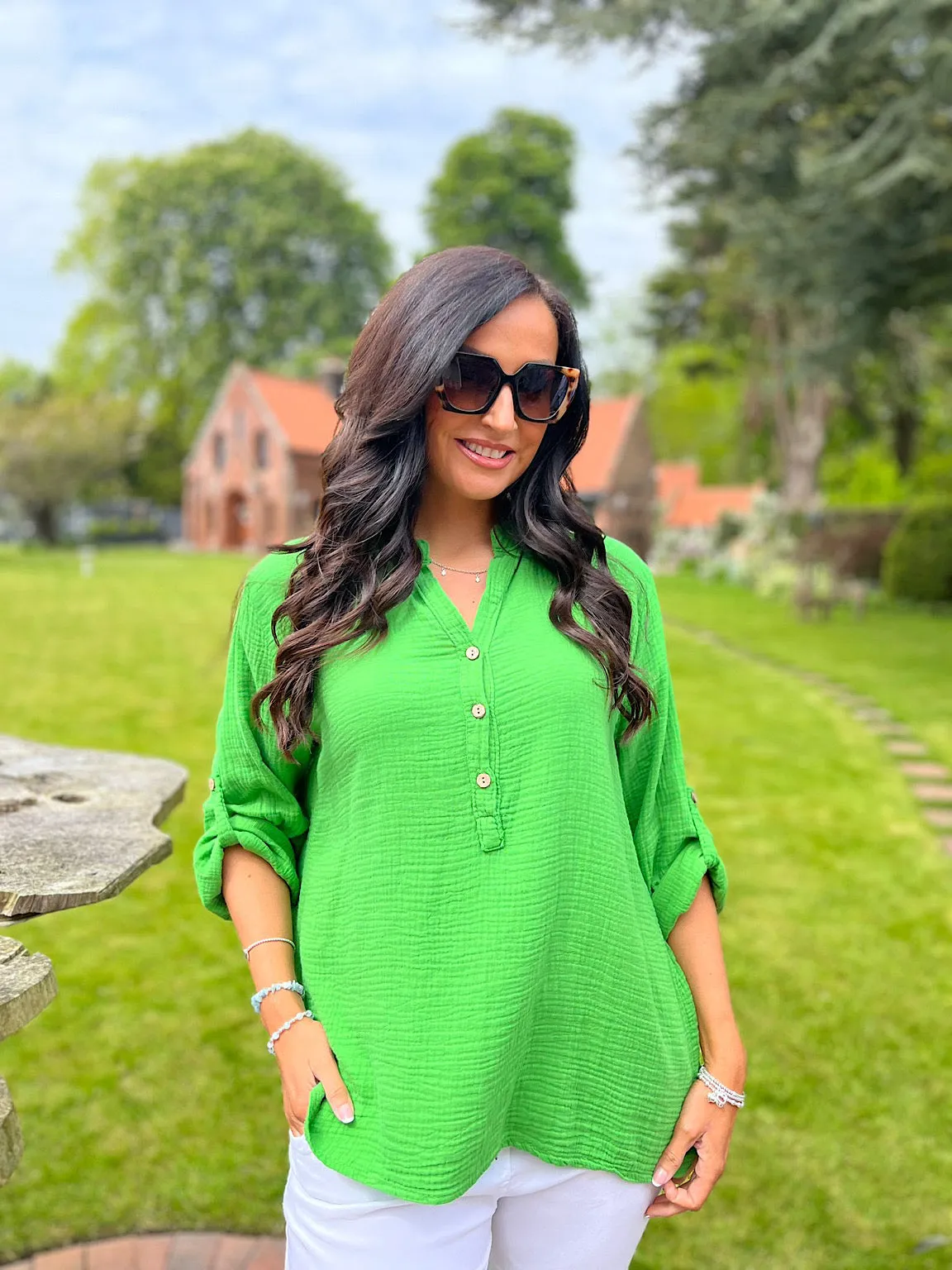 Green Bubble Cotton Lightweight Blouse Dinah - Buy Now