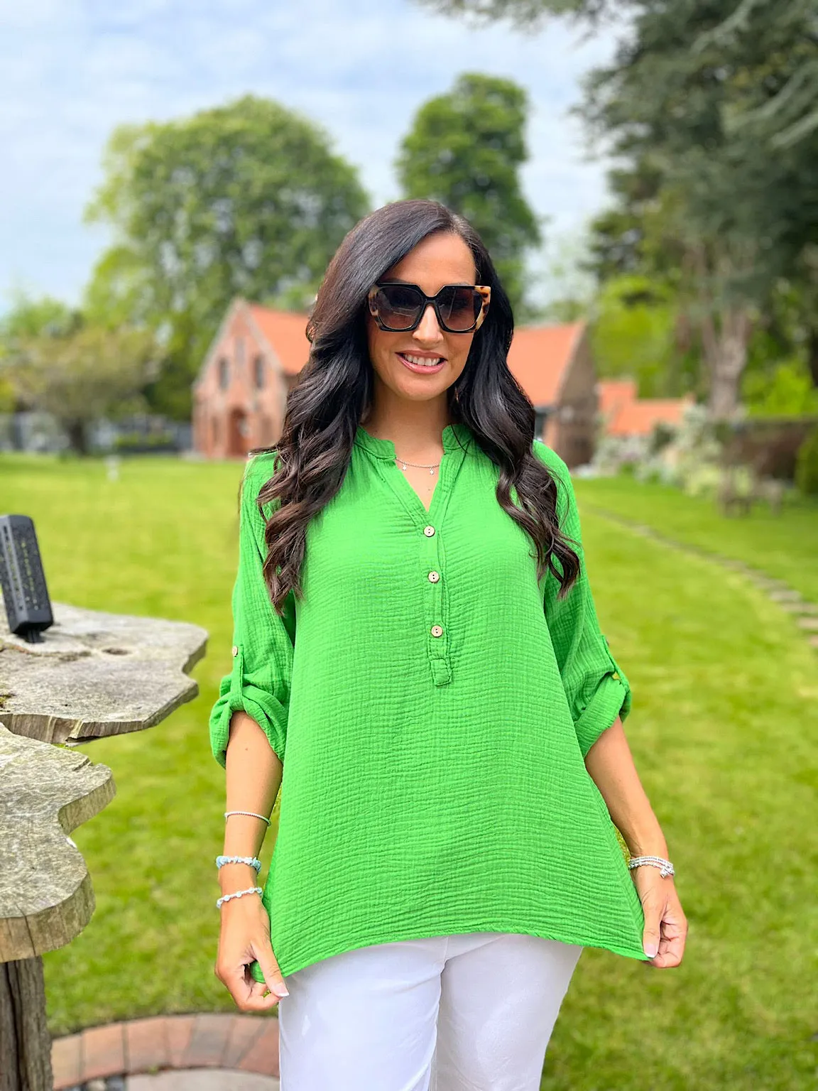 Green Bubble Cotton Lightweight Blouse Dinah - Buy Now