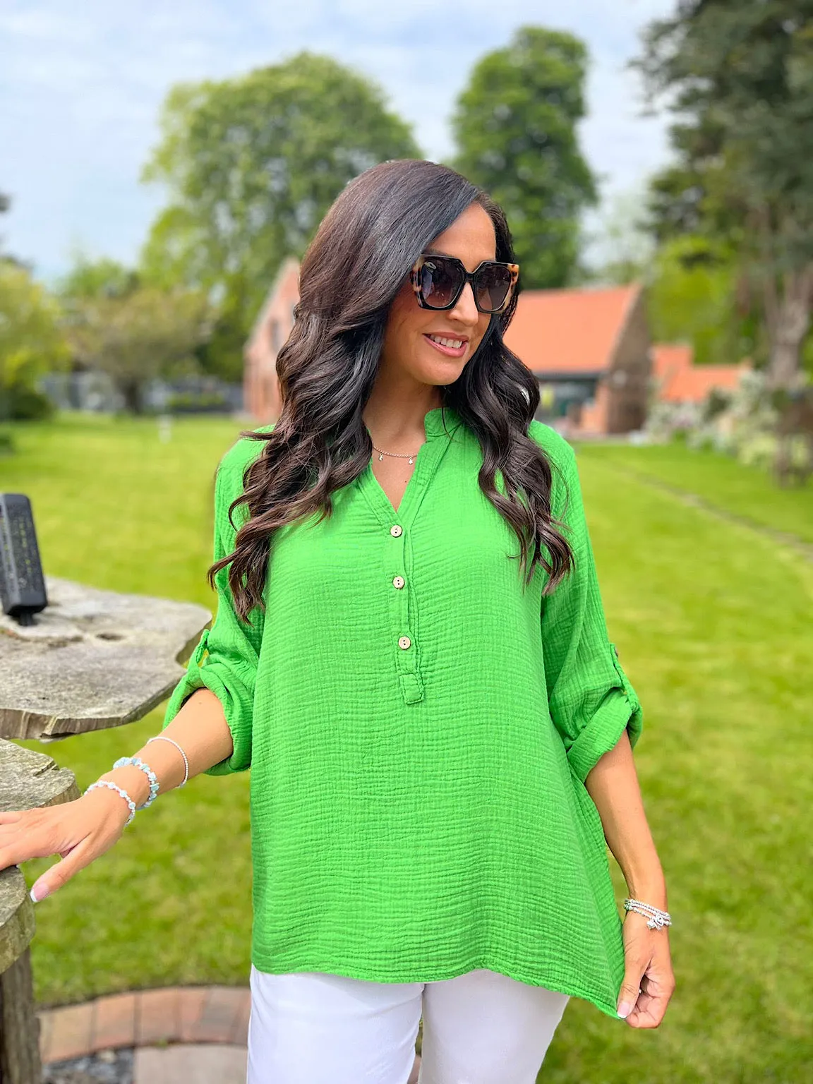 Green Bubble Cotton Lightweight Blouse Dinah - Buy Now