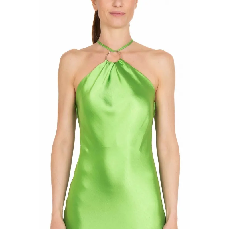 green satin American neckline midi dress