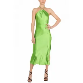 green satin American neckline midi dress