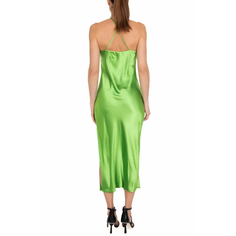 green satin American neckline midi dress