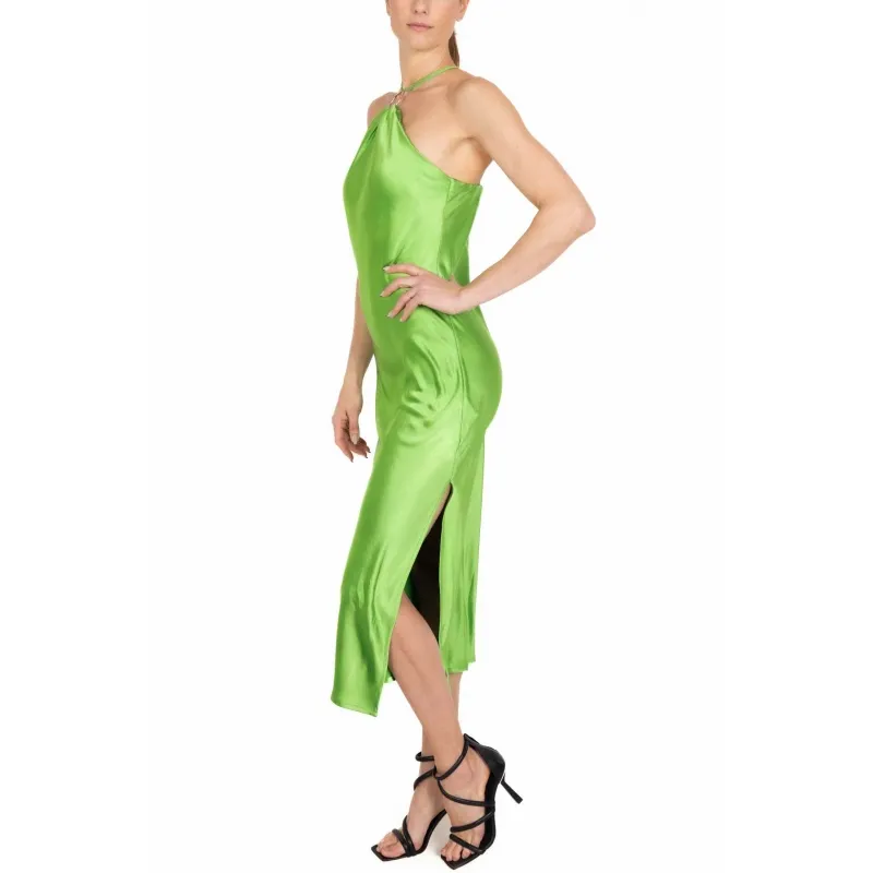 green satin American neckline midi dress