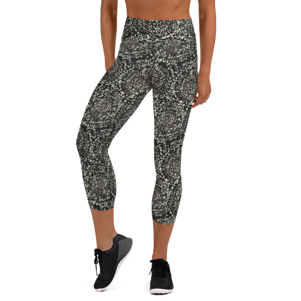 Grey Abstract Floral Print Yoga Capri Leggings