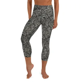 Grey Abstract Floral Print Yoga Capri Leggings