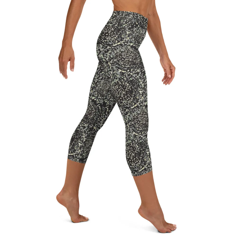 Grey Abstract Floral Print Yoga Capri Leggings