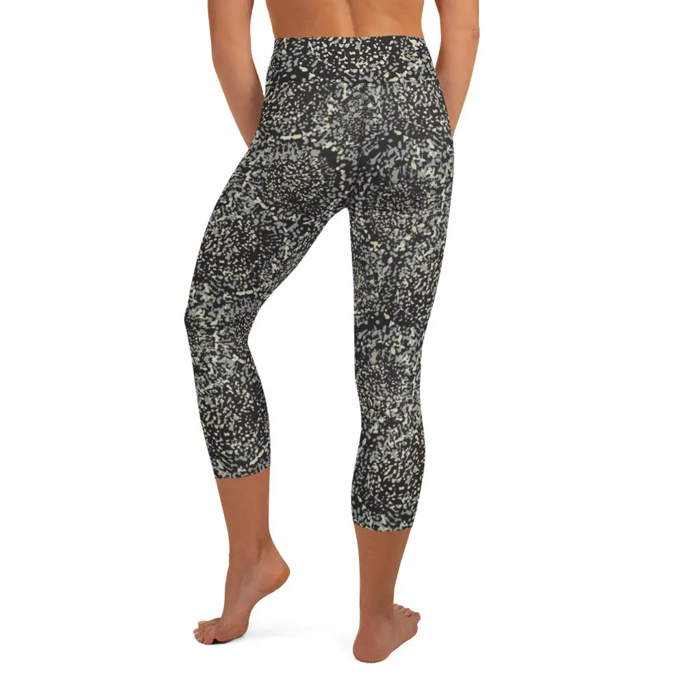 Grey Abstract Floral Print Yoga Capri Leggings