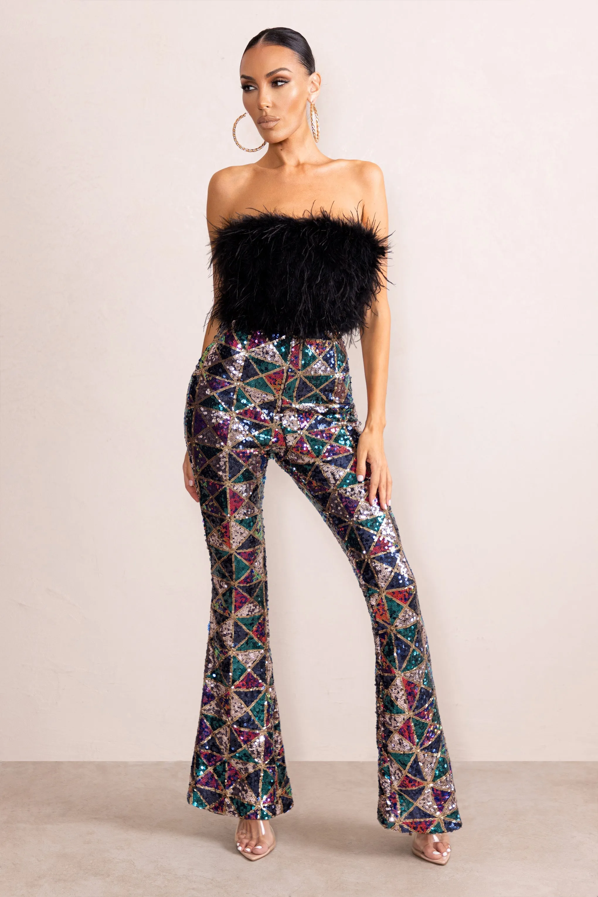 Heaven Sent | Black Aztec Sequin Fit And Flare Pants