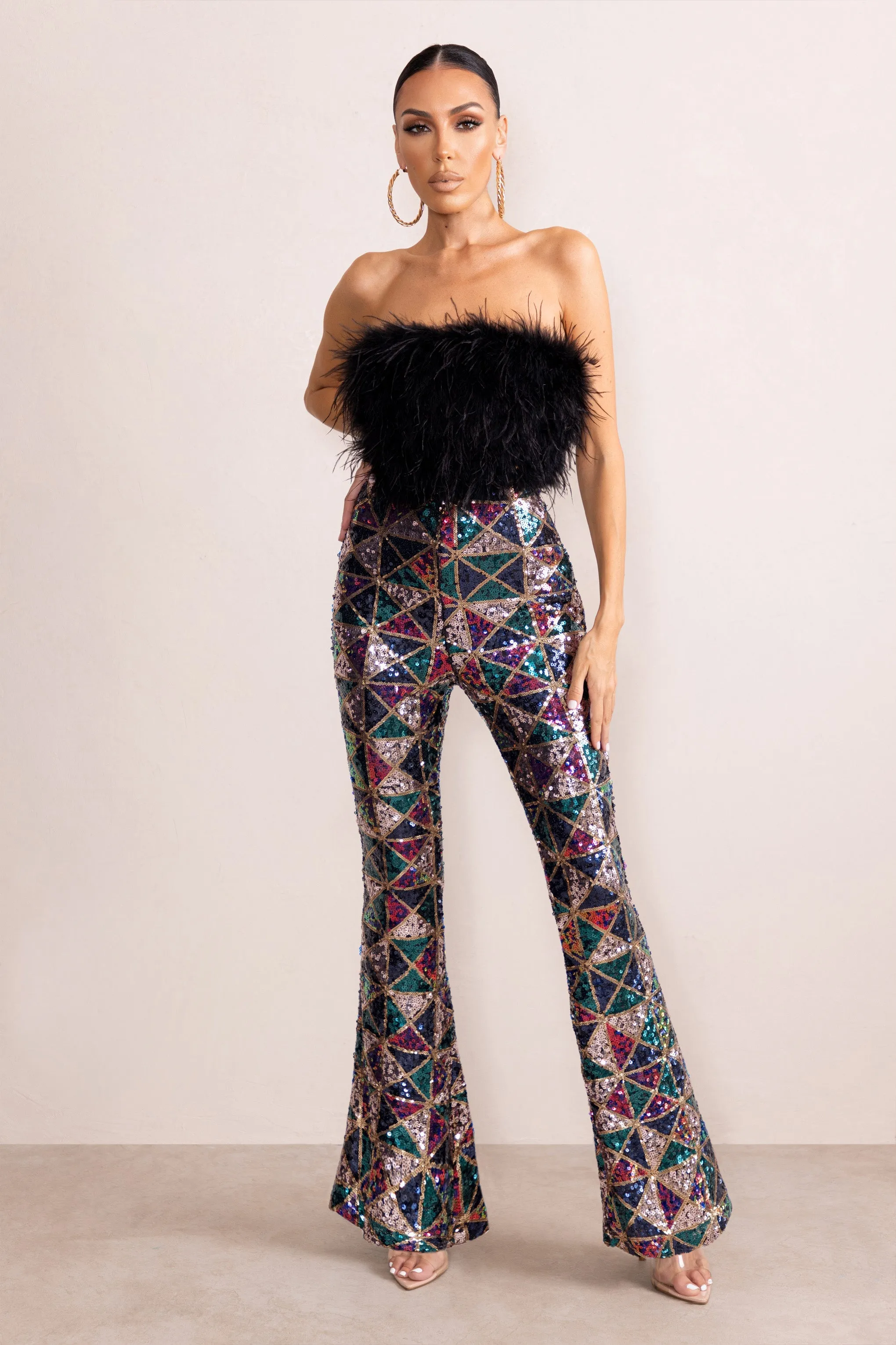 Heaven Sent | Black Aztec Sequin Fit And Flare Pants