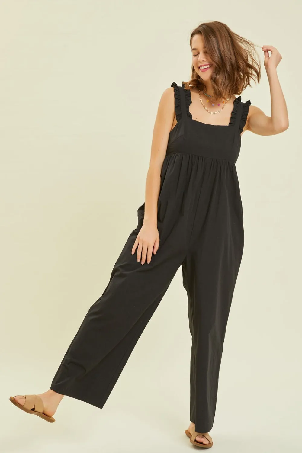 HEYSON Ruffled Strap Back Tie Wide Leg Jumpsuit