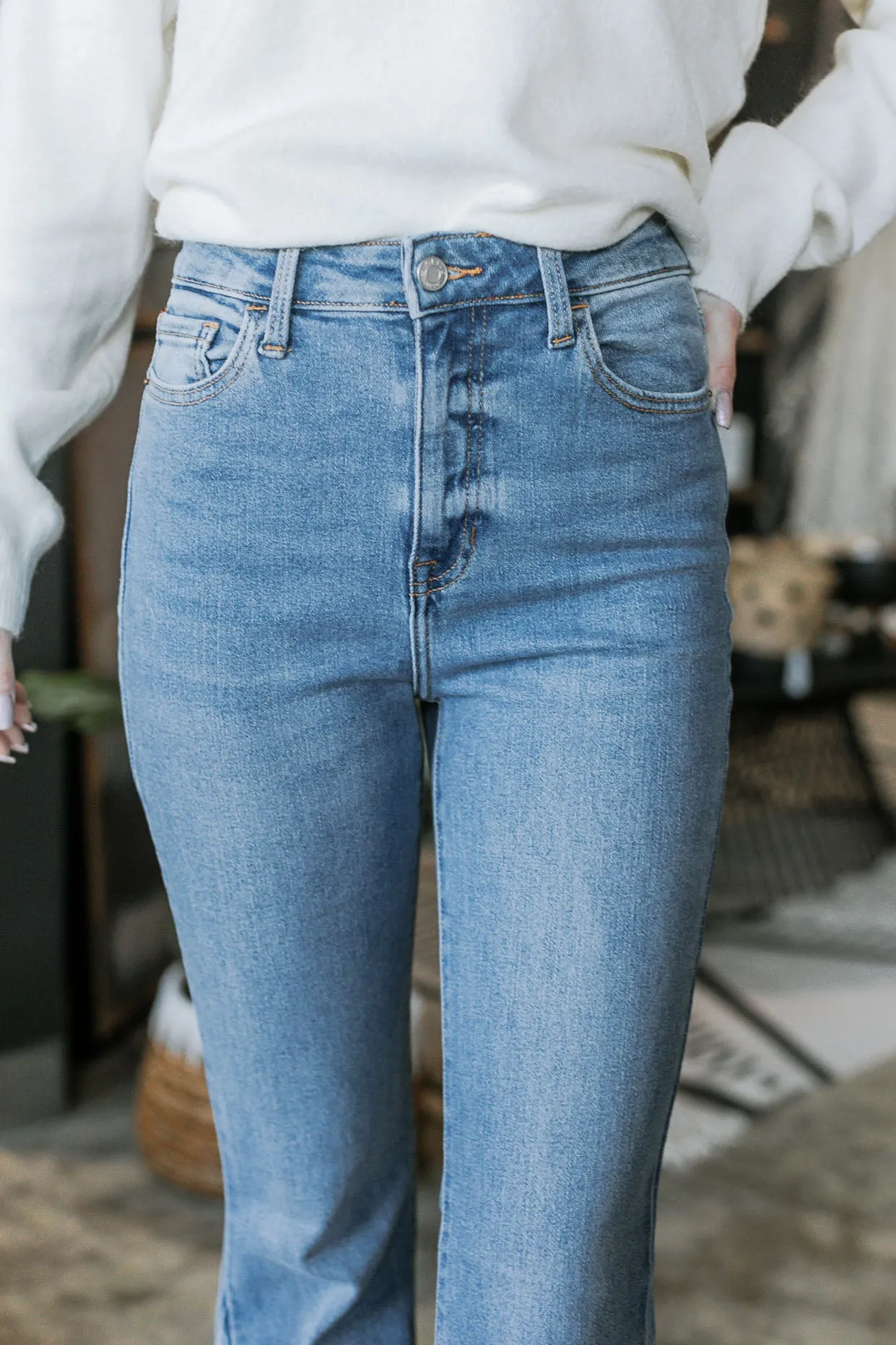 High Rise Panel Flare Jeans