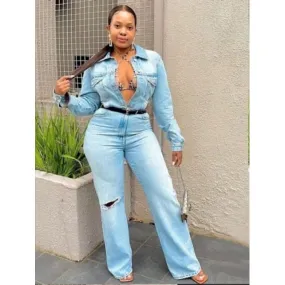 High Waisted Denim Jumpsuit with Buttons