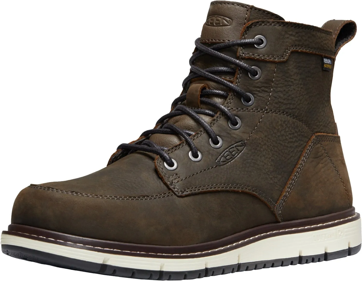 Keen work boots San Jose WP soft toe in cascade brown/black leather.