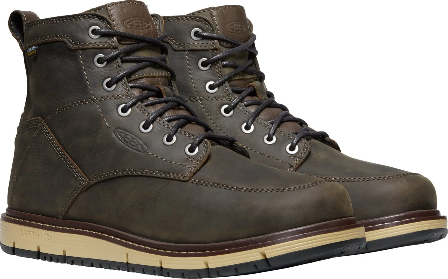 Keen work boots San Jose WP soft toe in cascade brown/black leather.