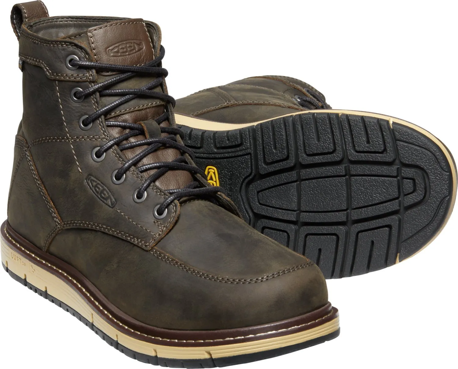 Keen work boots San Jose WP soft toe in cascade brown/black leather.