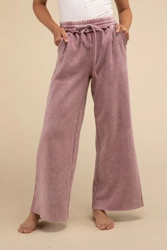 Lazy Days Acid Wash Fleece Palazzo Sweatpants Pockets