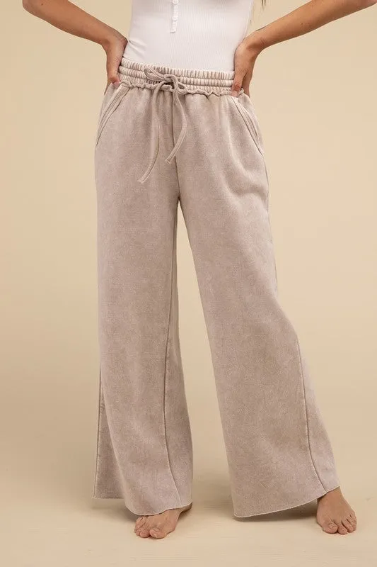 Lazy Days Acid Wash Fleece Palazzo Sweatpants Pockets