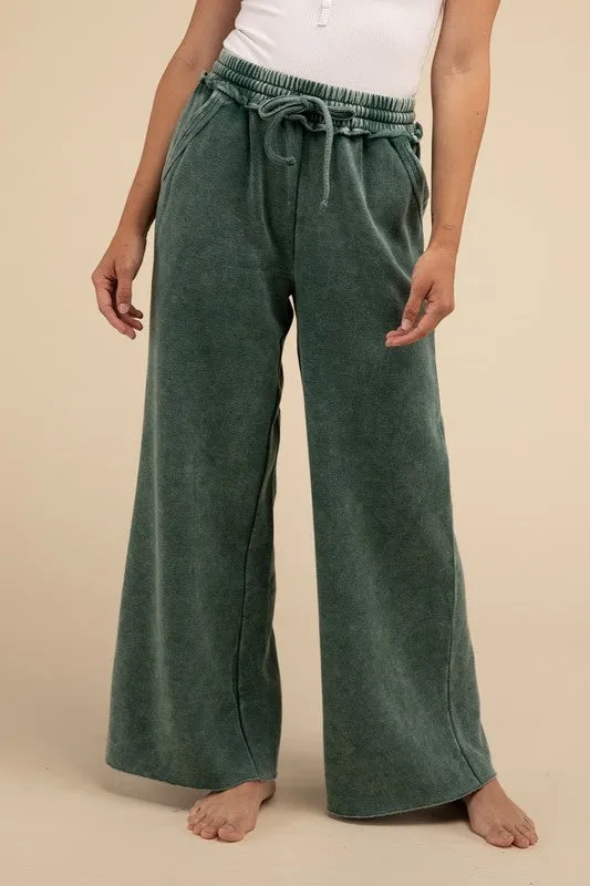 Lazy Days Acid Wash Fleece Palazzo Sweatpants Pockets