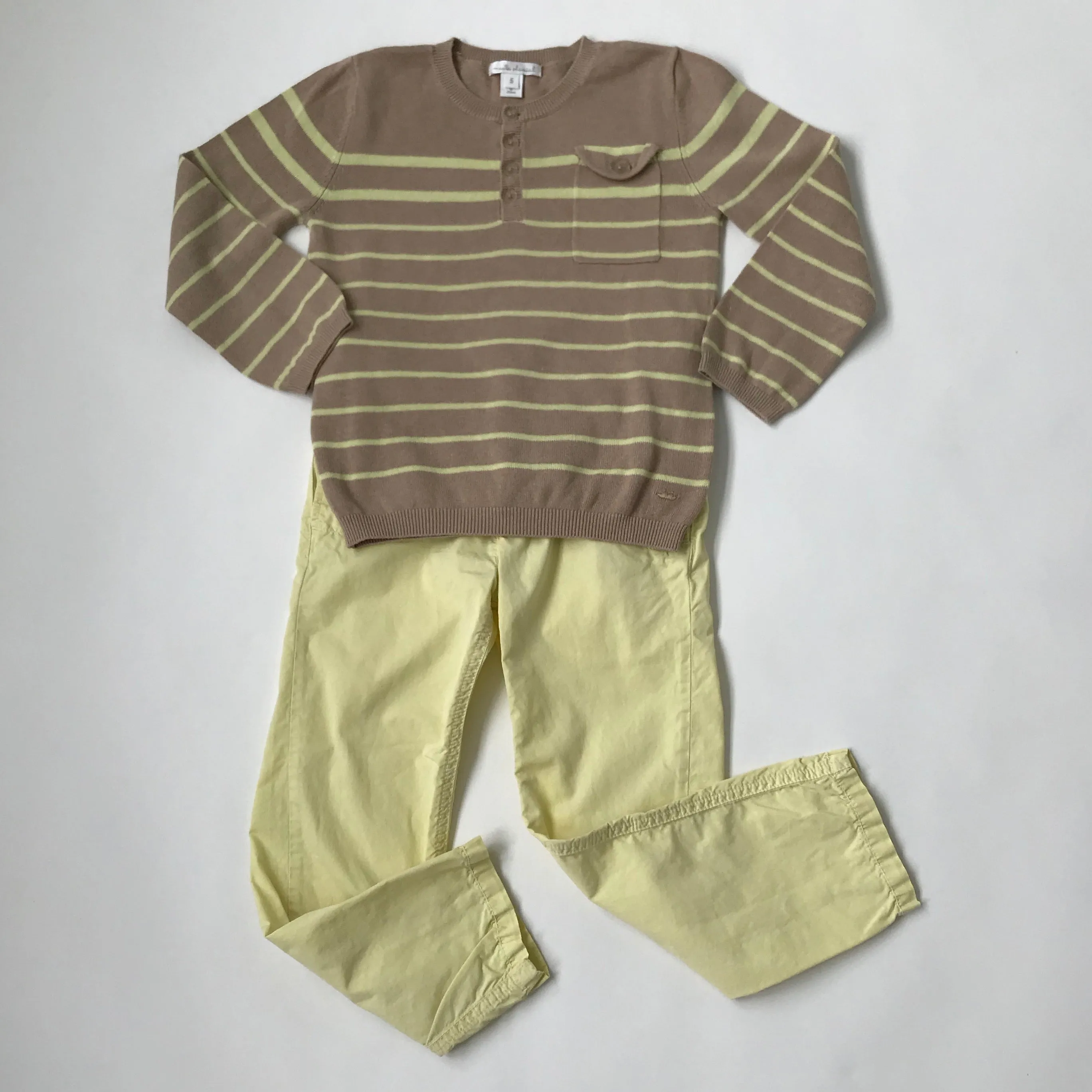 Marie-Chantal Taupe Yellow Stripe Linen Cotton Jumper: Size 6