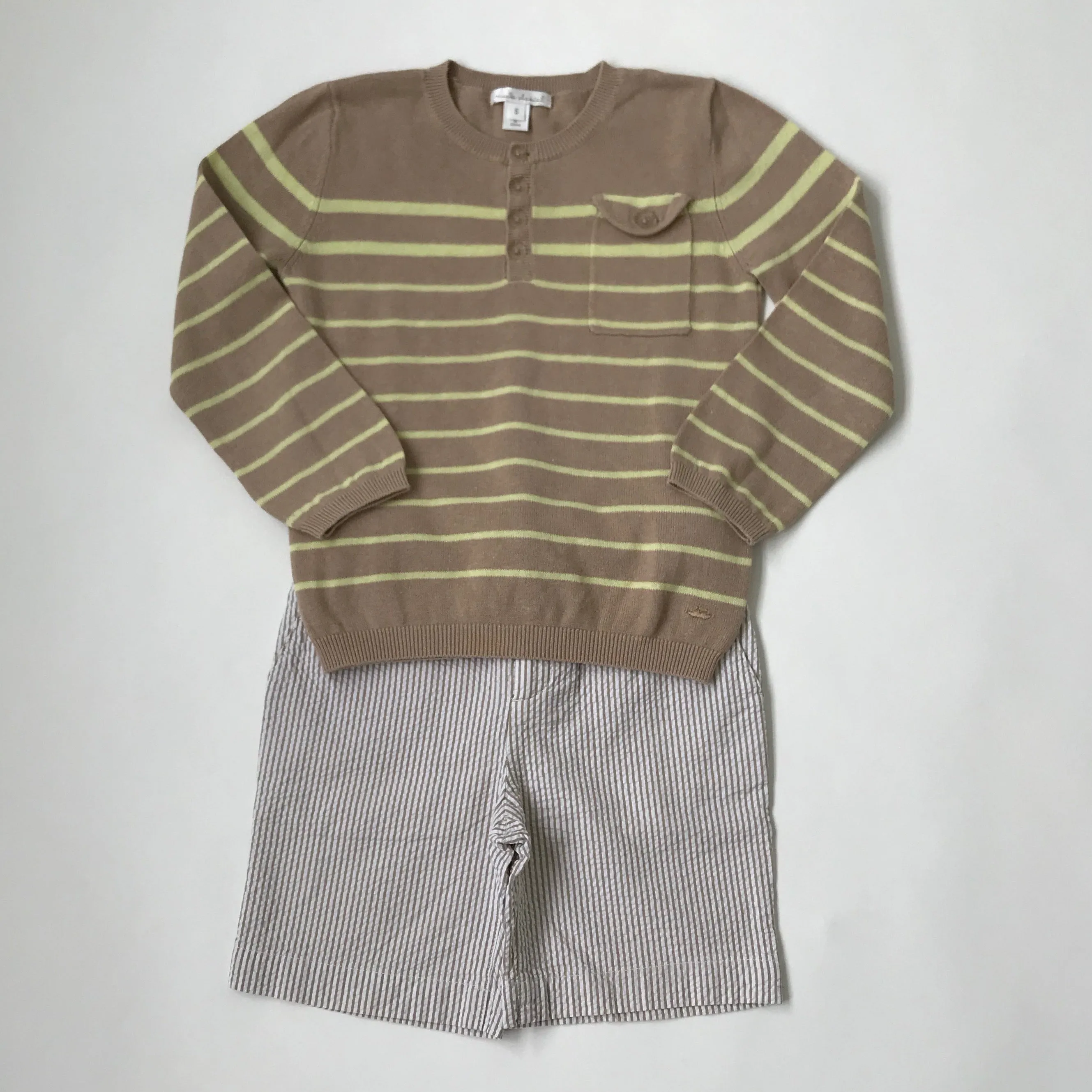 Marie-Chantal Taupe Yellow Stripe Linen Cotton Jumper: Size 6