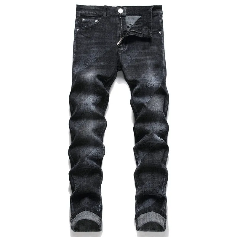 Men's punk jeans trousers with printed design, mid-waist and small ground foot.