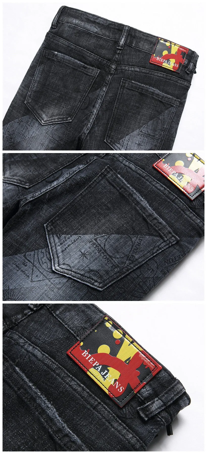 Men's punk jeans trousers with printed design, mid-waist and small ground foot.