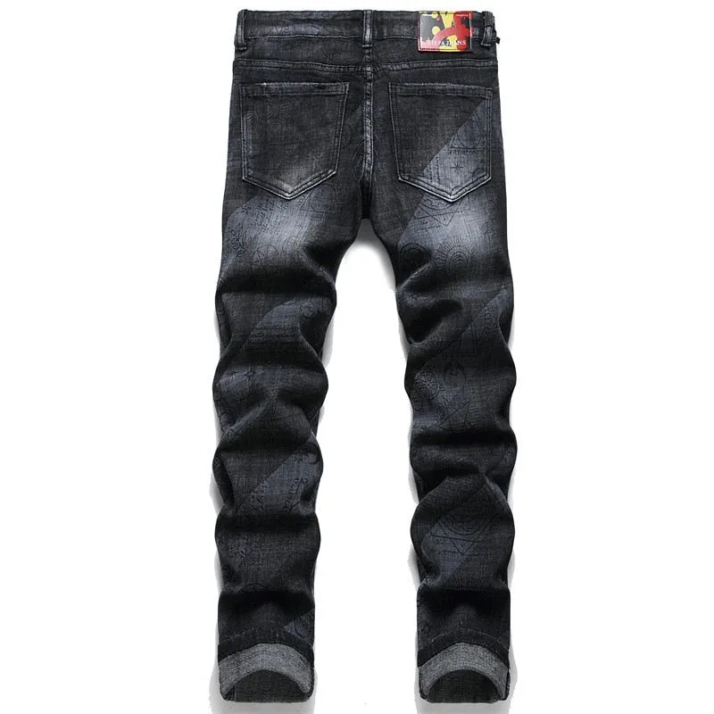 Men's punk jeans trousers with printed design, mid-waist and small ground foot.