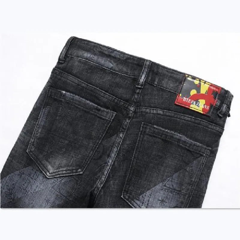 Men's punk jeans trousers with printed design, mid-waist and small ground foot.