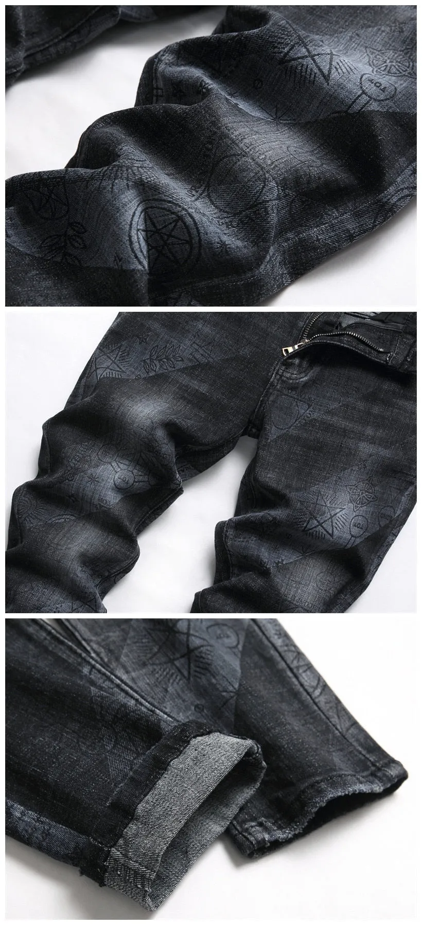 Men's punk jeans trousers with printed design, mid-waist and small ground foot.