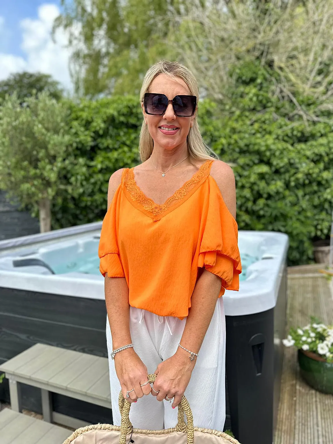 Orange Lace Cold Shoulder Top Pia - Google SEO Result: Cold Shoulder Orange Lace Top - Pia: Shop Now