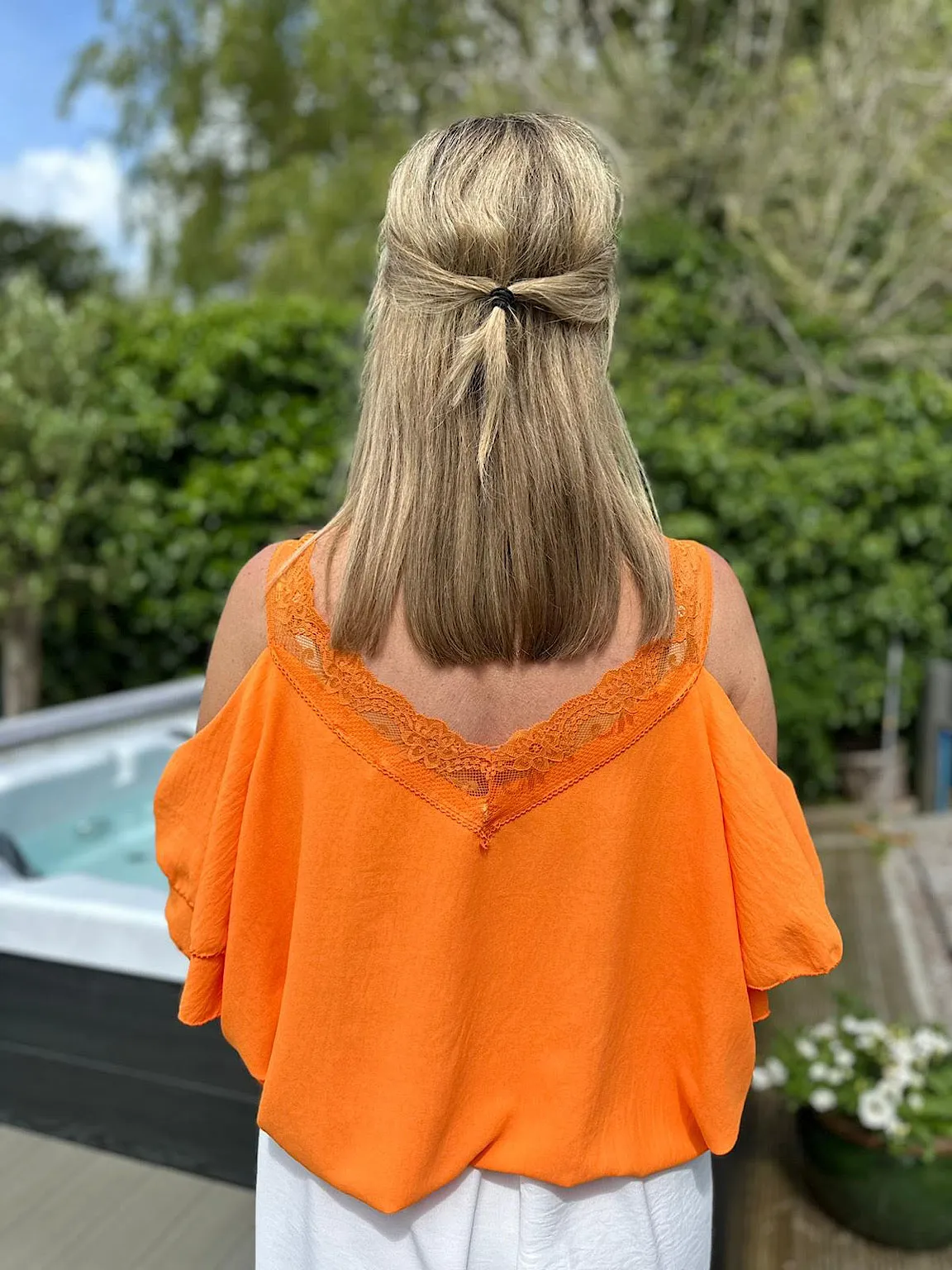 Orange Lace Cold Shoulder Top Pia - Google SEO Result: Cold Shoulder Orange Lace Top - Pia: Shop Now