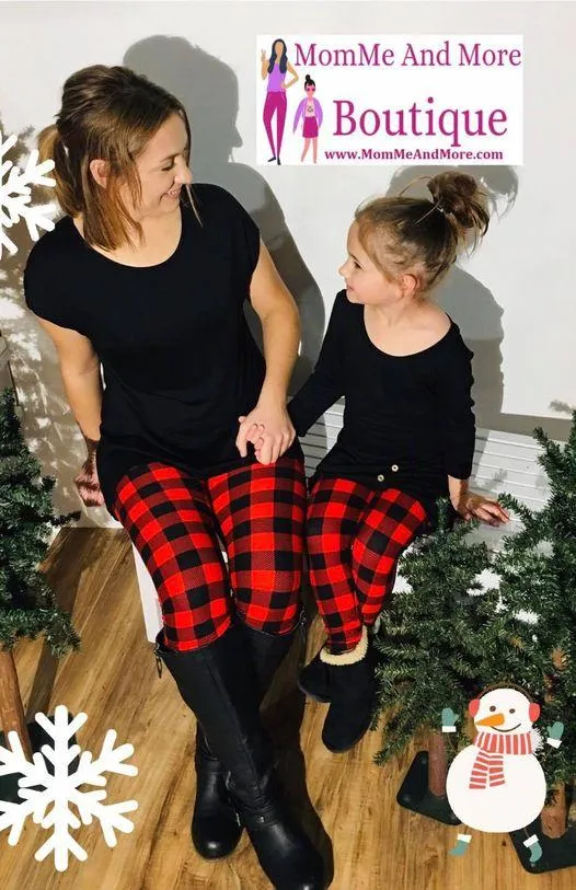 Plaid Leggings for Girls, Yoga Pants for Kids, S/L Sizes, Non-Roll Waist, Red/Black