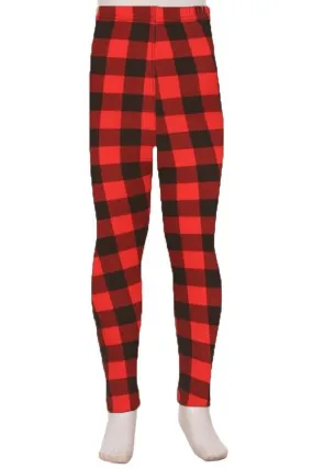 Plaid Leggings for Girls, Yoga Pants for Kids, S/L Sizes, Non-Roll Waist, Red/Black