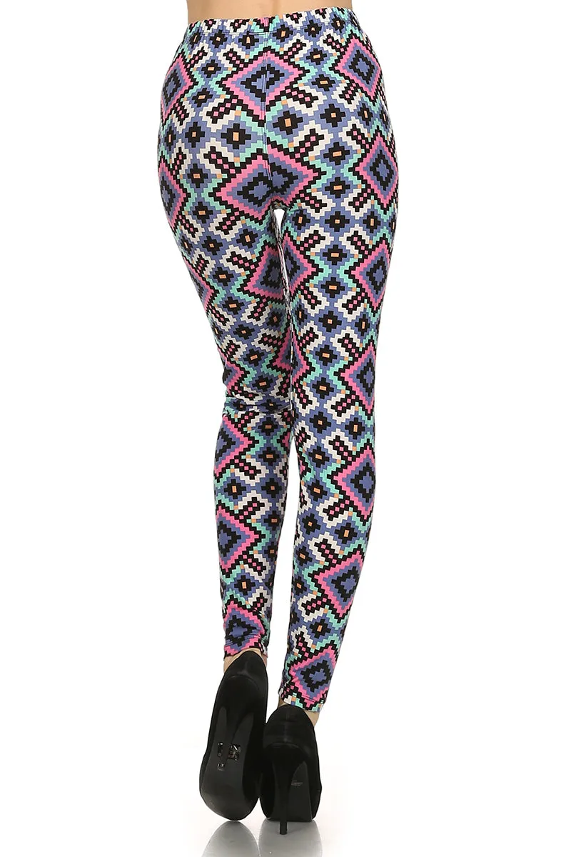 Plus Size Aztec Diamond Pattern Leggings - Pink Blue