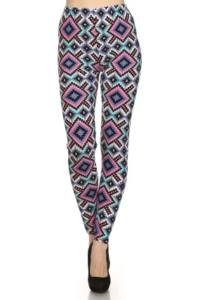 Plus Size Aztec Diamond Pattern Leggings - Pink Blue